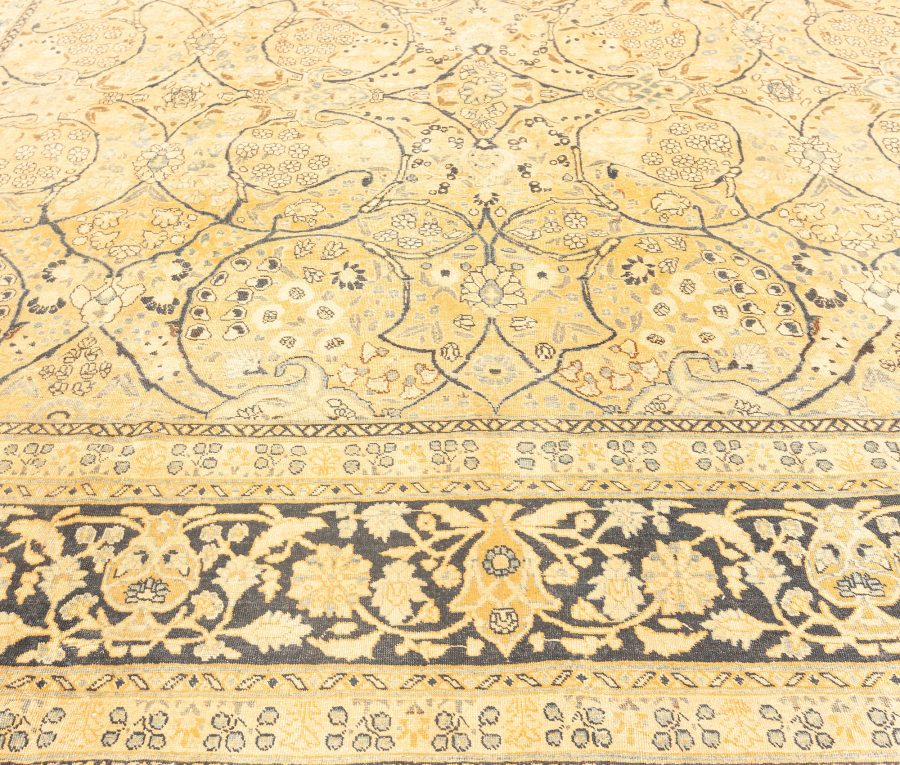 Fine Antique Persian Meshad Botanic Yellow Hand Knotted Wool Rug BB3827