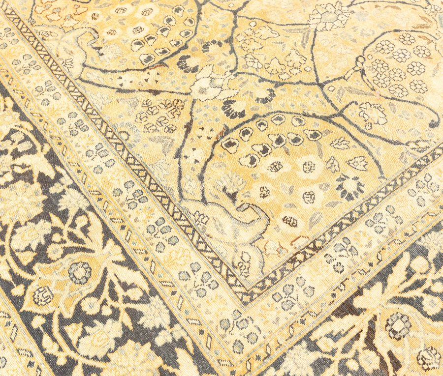 Fine Antique Persian Meshad Botanic Yellow Hand Knotted Wool Rug BB3827