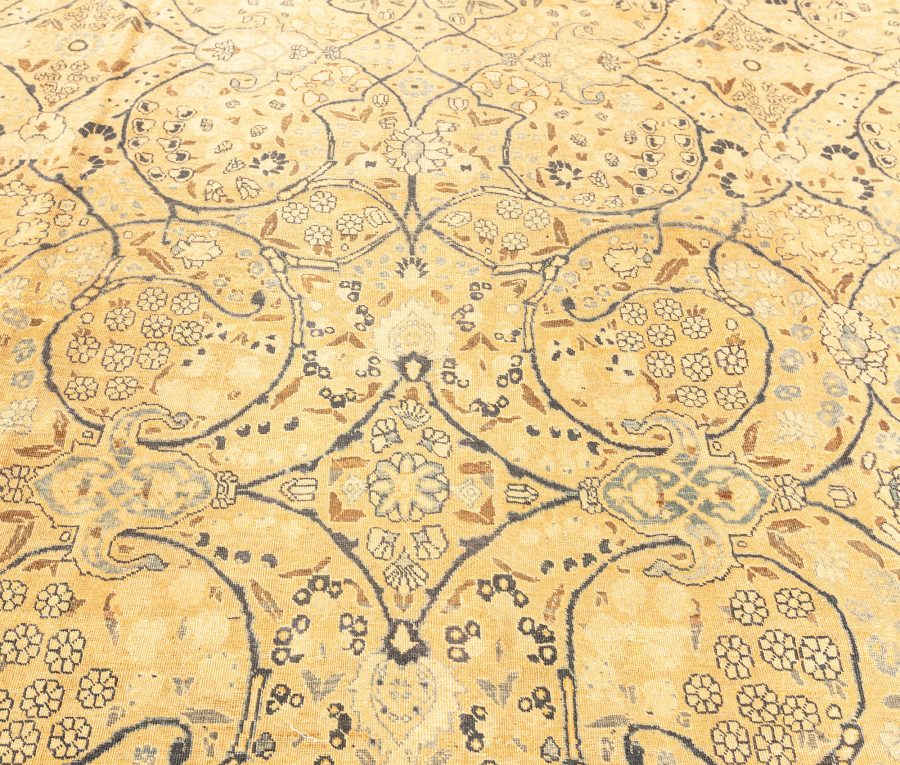 Fine Antique Persian Meshad Botanic Yellow Hand Knotted Wool Rug BB3827