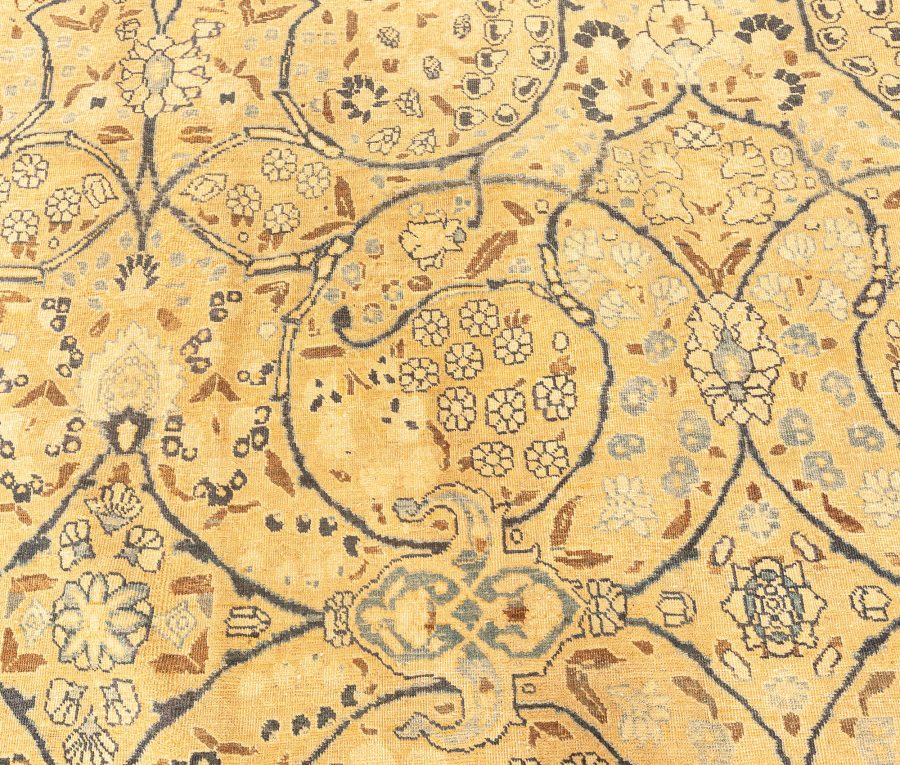 Fine Antique Persian Meshad Botanic Yellow Hand Knotted Wool Rug BB3827