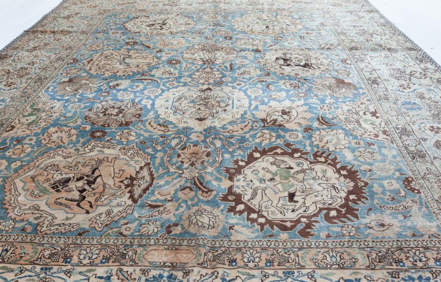 Antique Persian Tabriz Botanic Blue Handwoven Wool Rug BB4034