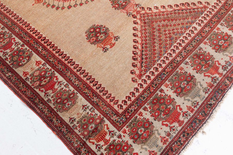 Authentic 19th Century Sarouk Handmade Wool Rug in Beige, Orange and Red BB4198