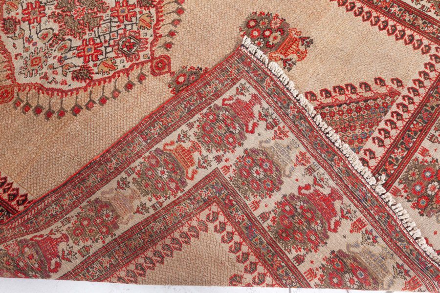 Authentic 19th Century Sarouk Handmade Wool Rug in Beige, Orange and Red BB4198