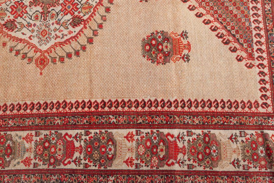 Authentic 19th Century Sarouk Handmade Wool Rug in Beige, Orange and Red BB4198