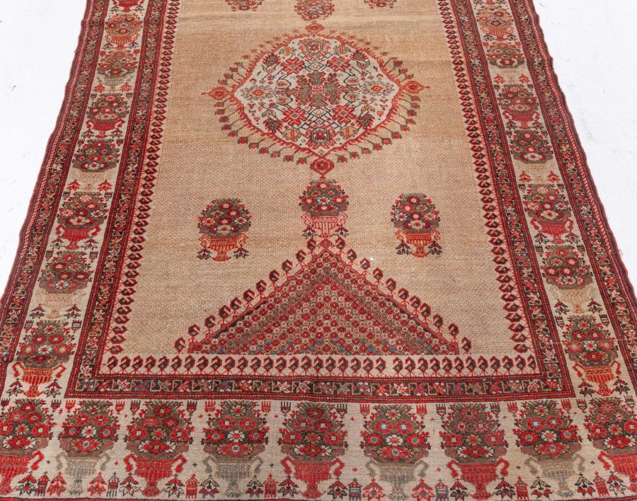 Authentic 19th Century Sarouk Handmade Wool Rug in Beige, Orange and Red BB4198