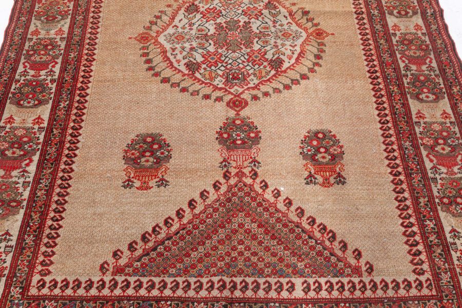 Authentic 19th Century Sarouk Handmade Wool Rug in Beige, Orange and Red BB4198