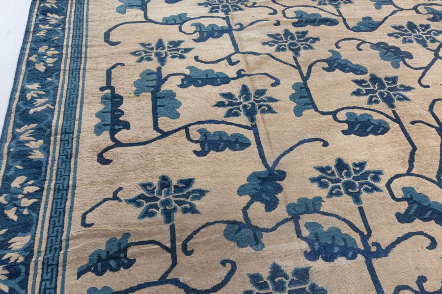 Authentic 19th Century Chinese Beige and Dark Blue Handwoven Wool Carpet BB4245