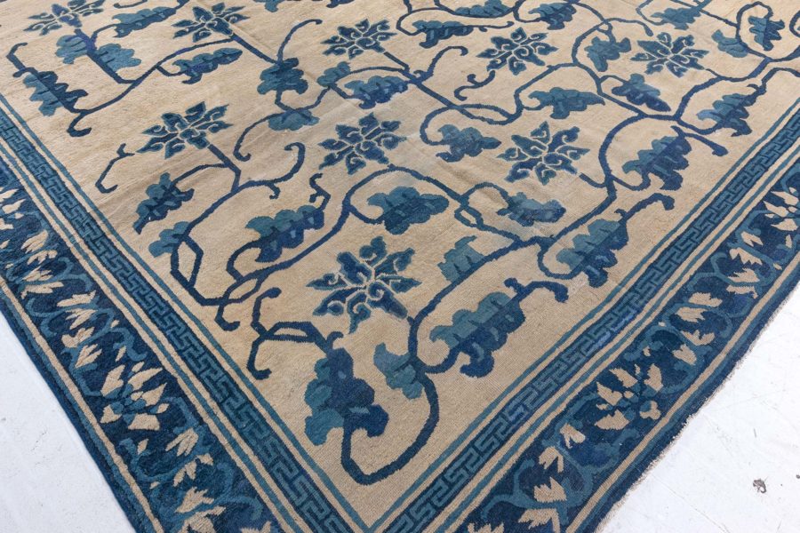 Authentic 19th Century Chinese Beige and Dark Blue Handwoven Wool Carpet BB4245