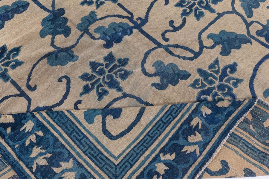 Authentic 19th Century Chinese Beige and Dark Blue Handwoven Wool Carpet BB4245