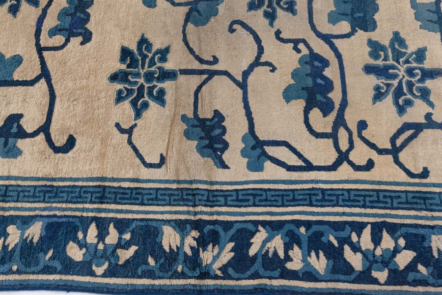 Authentic 19th Century Chinese Beige and Dark Blue Handwoven Wool Carpet BB4245