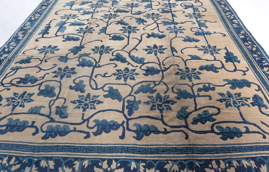Authentic 19th Century Chinese Beige and Dark Blue Handwoven Wool Carpet BB4245