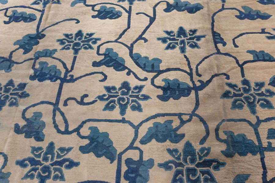 Authentic 19th Century Chinese Beige and Dark Blue Handwoven Wool Carpet BB4245