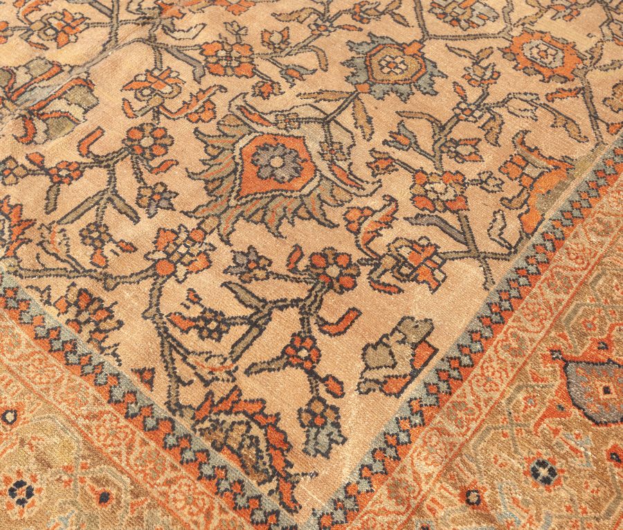 Antique Persian Sultanabad Botanic Orange Tan Hand Knotted Wool Rug BB4322