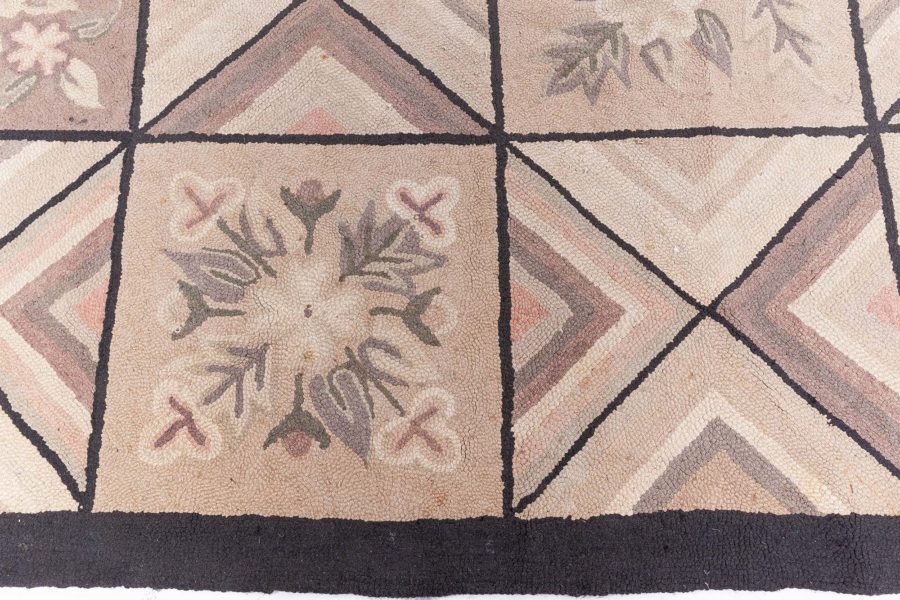 Mid-20th century Beige, Brown, Black Wool Handmade Hooked Rug BB4339