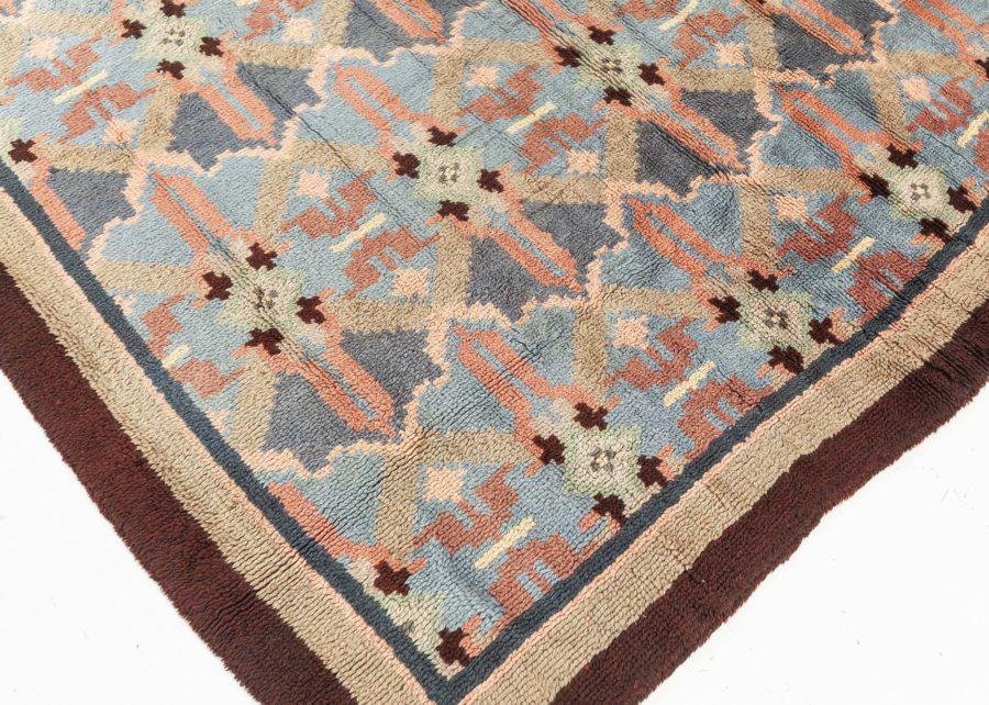 One-of-a-kind French Art Deco Blue, Rose, Beige, Brown Handmade Wool Rug BB4731