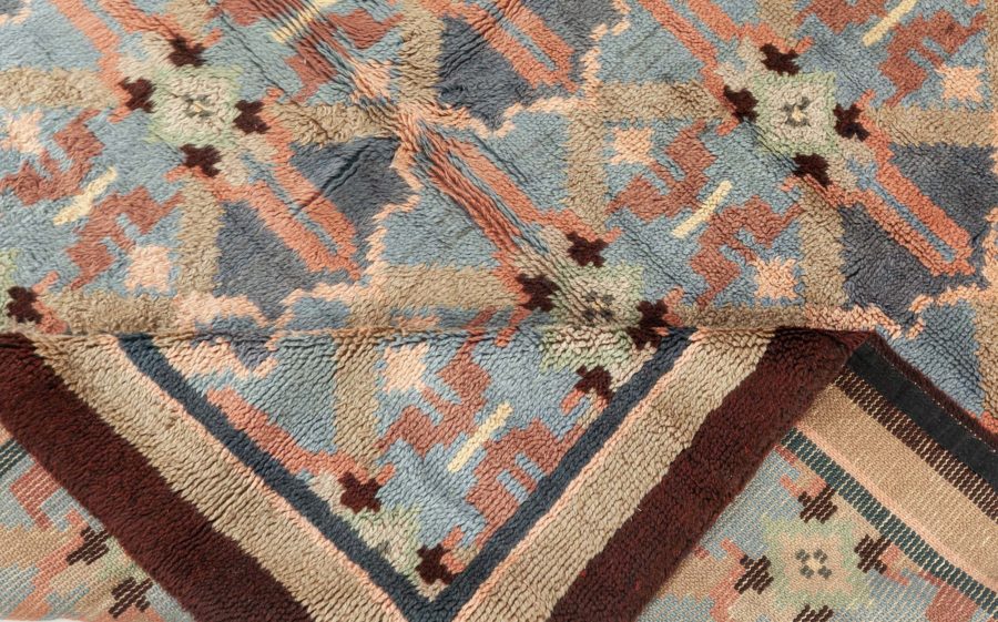 One-of-a-kind French Art Deco Blue, Rose, Beige, Brown Handmade Wool Rug BB4731