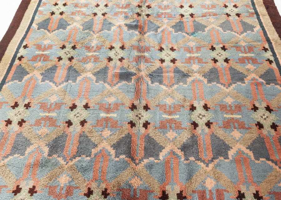 One-of-a-kind French Art Deco Blue, Rose, Beige, Brown Handmade Wool Rug BB4731