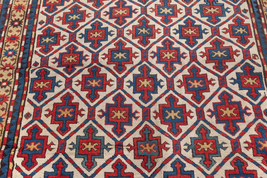 19th Century Kazak Handmade Wool Rug in Red, Yellow and Blue BB4749