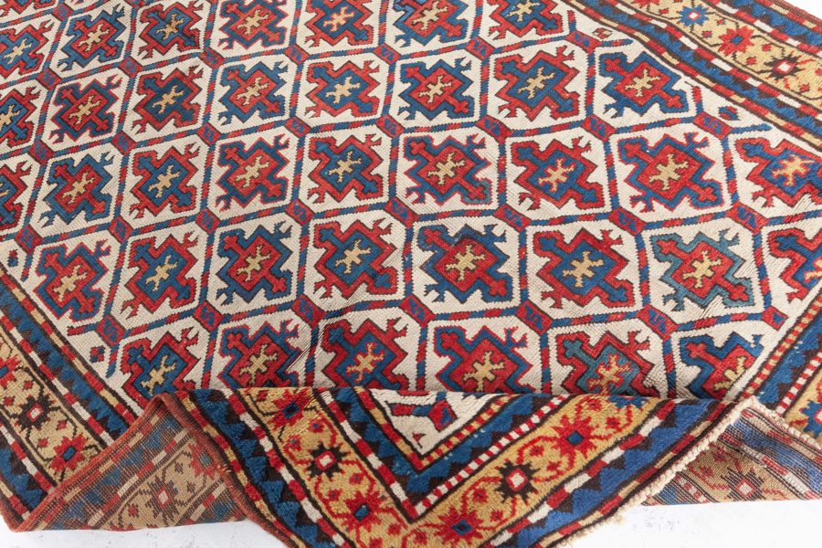 19th Century Kazak Handmade Wool Rug in Red, Yellow and Blue BB4749