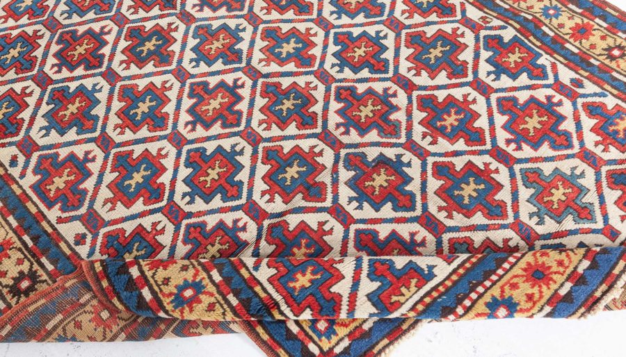 19th Century Kazak Handmade Wool Rug in Red, Yellow and Blue BB4749