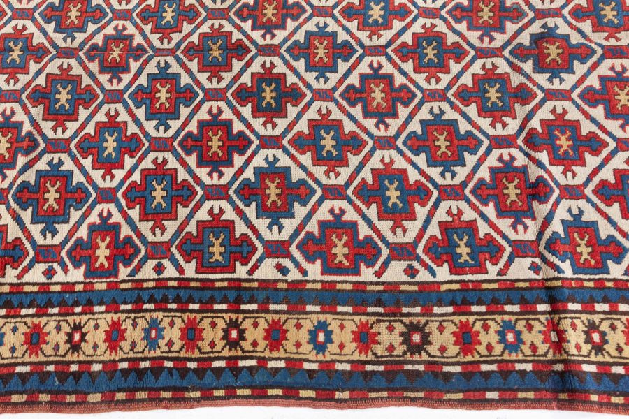 19th Century Kazak Handmade Wool Rug in Red, Yellow and Blue BB4749