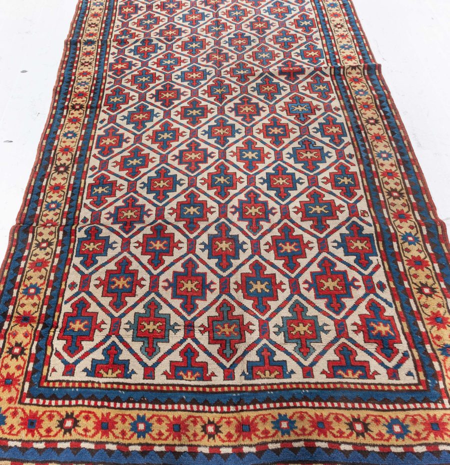 19th Century Kazak Handmade Wool Rug in Red, Yellow and Blue BB4749
