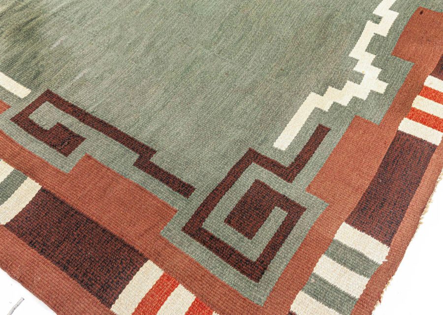 Mid-20th Century Swedish Hand Knotted Wool Rug in Green, Beige, Orange, Brown BB4789