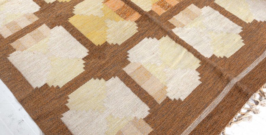 Mid-20th Century Swedish Geometric Yellow, Orange and Brown Flat-Weave Wool Rug BB4790