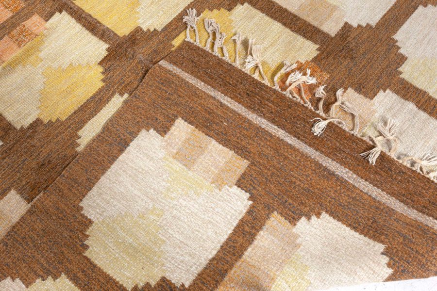 Mid-20th Century Swedish Geometric Yellow, Orange and Brown Flat-Weave Wool Rug BB4790