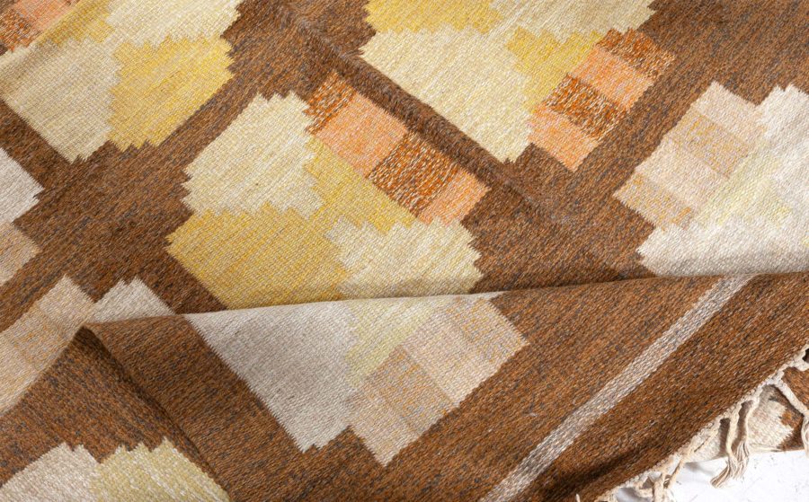 Mid-20th Century Swedish Geometric Yellow, Orange and Brown Flat-Weave Wool Rug BB4790