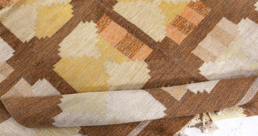 Mid-20th Century Swedish Geometric Yellow, Orange and Brown Flat-Weave Wool Rug BB4790