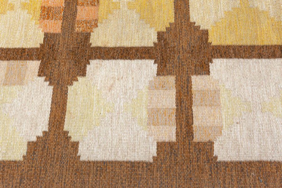 Mid-20th Century Swedish Geometric Yellow, Orange and Brown Flat-Weave Wool Rug BB4790