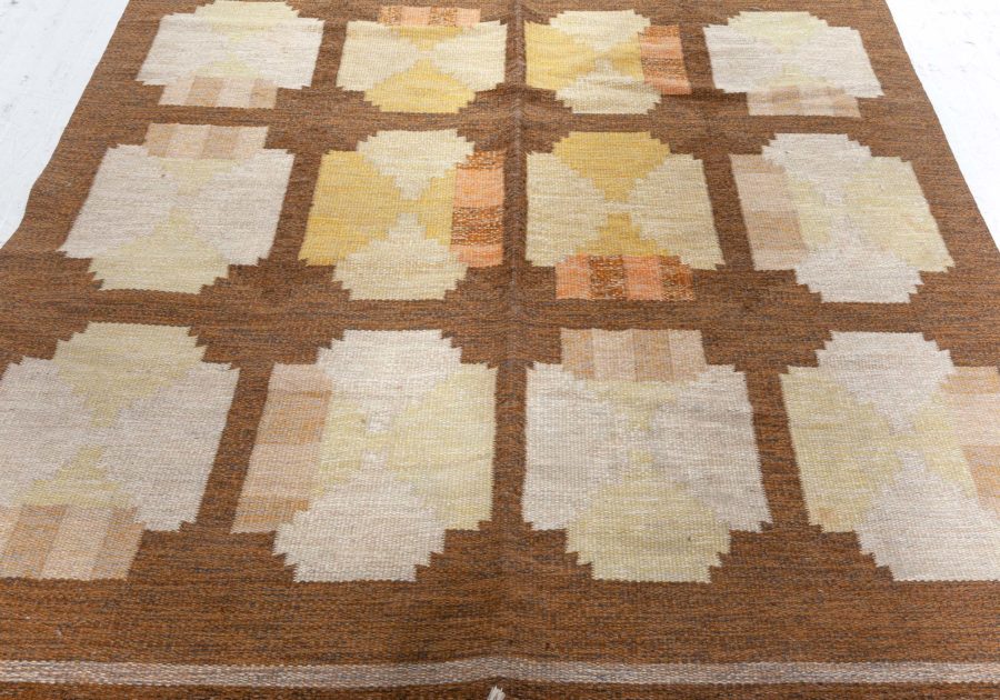 Mid-20th Century Swedish Geometric Yellow, Orange and Brown Flat-Weave Wool Rug BB4790