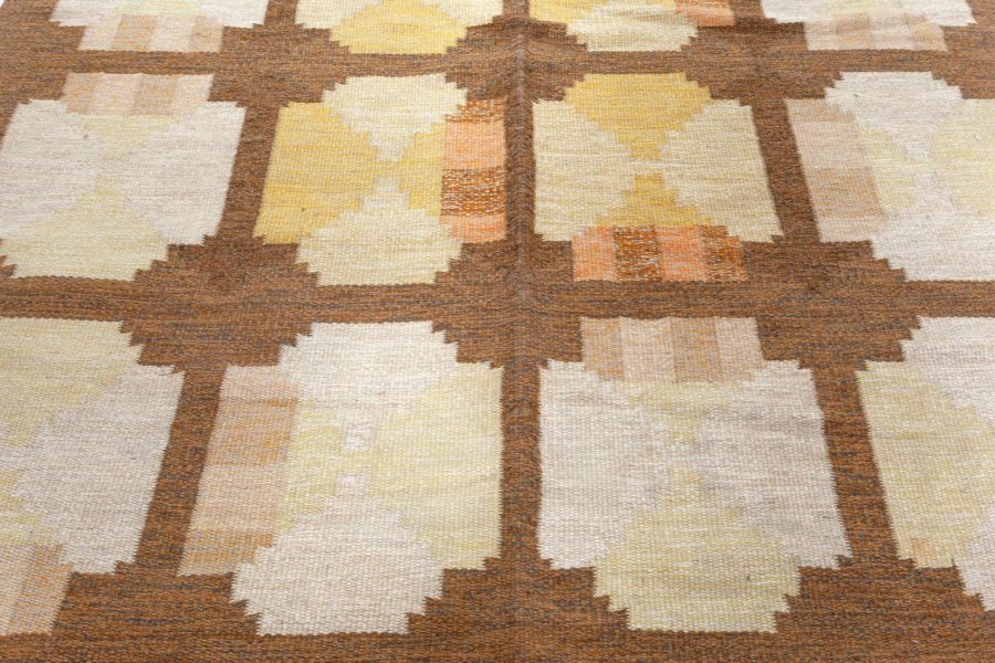 Mid-20th Century Swedish Geometric Yellow, Orange and Brown Flat-Weave Wool Rug BB4790