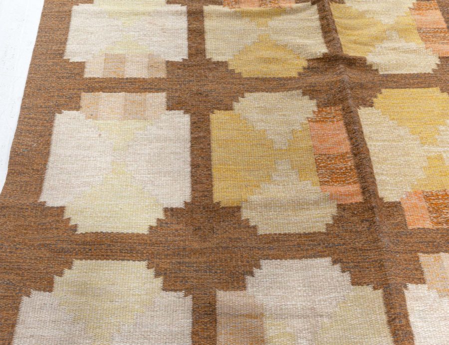 Mid-20th Century Swedish Geometric Yellow, Orange and Brown Flat-Weave Wool Rug BB4790