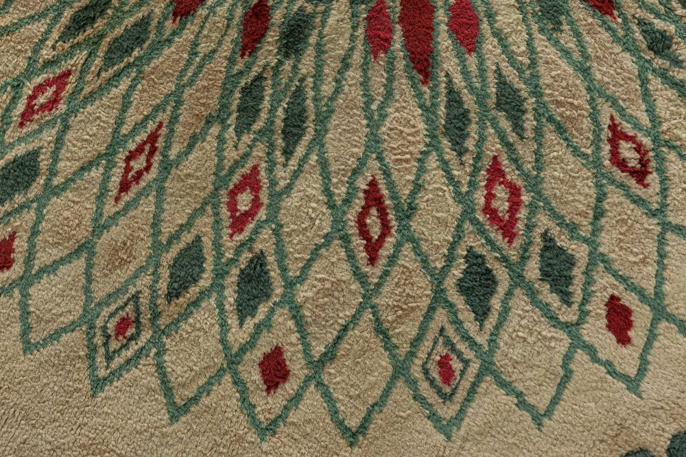 Circular Green, White and Red Handwoven Wool Rug by Paule Leleu BB4792