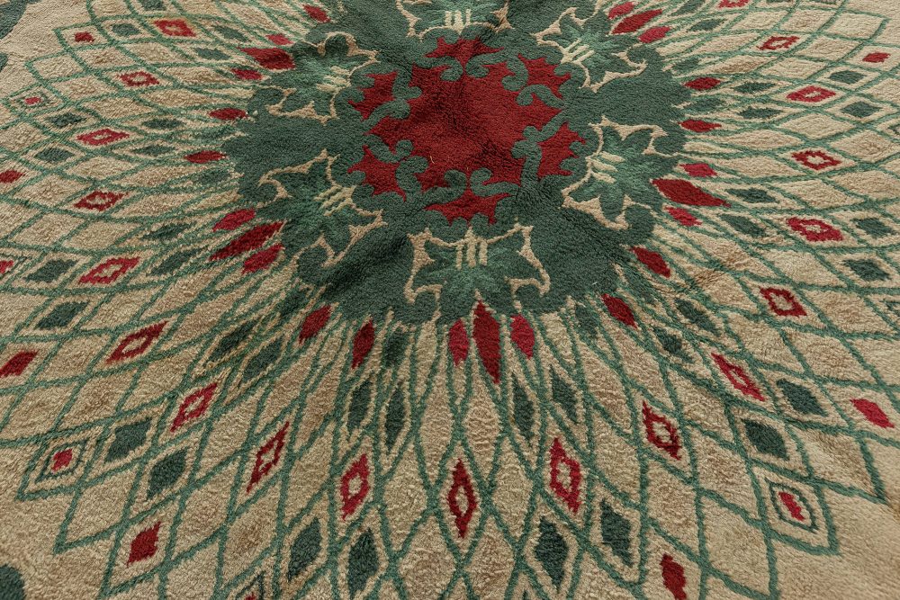 Circular Green, White and Red Handwoven Wool Rug by Paule Leleu BB4792