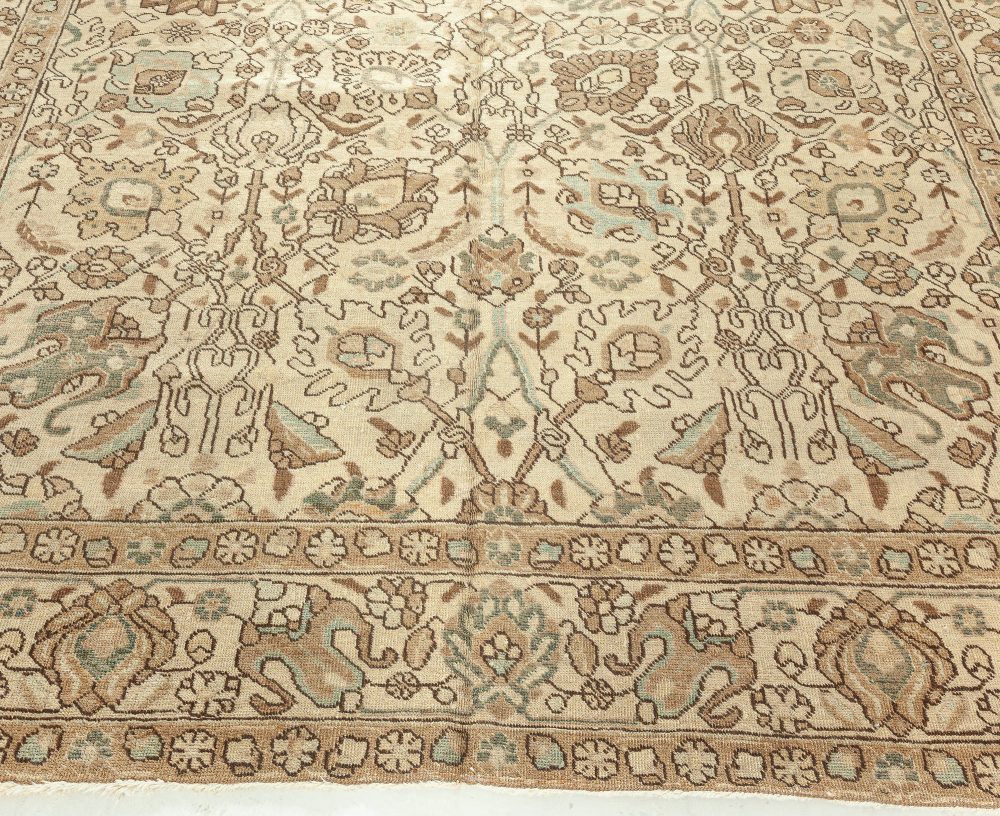 Antique Persian Tabriz Botanic Beige Hand Knotted Wool Rug BB4844