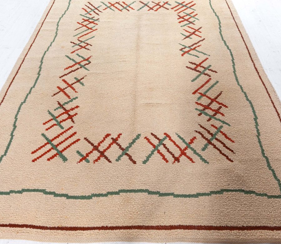 Vintage French Art Deco Ivory, Orange, Green Hand Knotted Wool Rug BB4917
