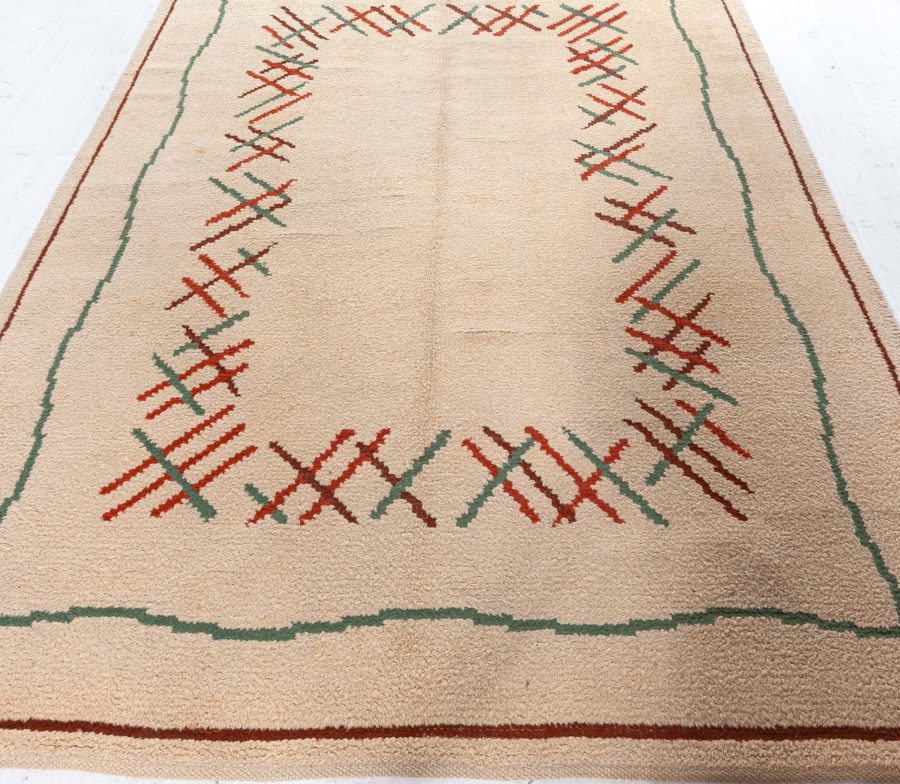 Vintage French Art Deco Ivory, Orange, Green Hand Knotted Wool Rug BB4917