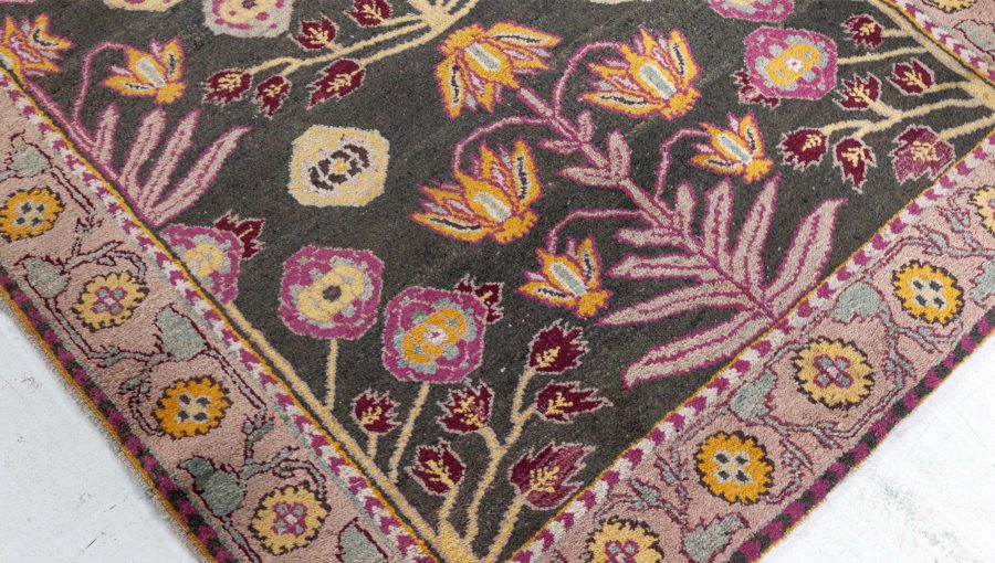 Antique Indian Agra Wool Rug in Pastel Violet, Beige, Yellow, Burgundy and Black BB4935