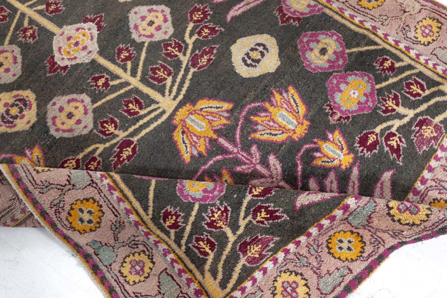 Antique Indian Agra Wool Rug in Pastel Violet, Beige, Yellow, Burgundy and Black BB4935