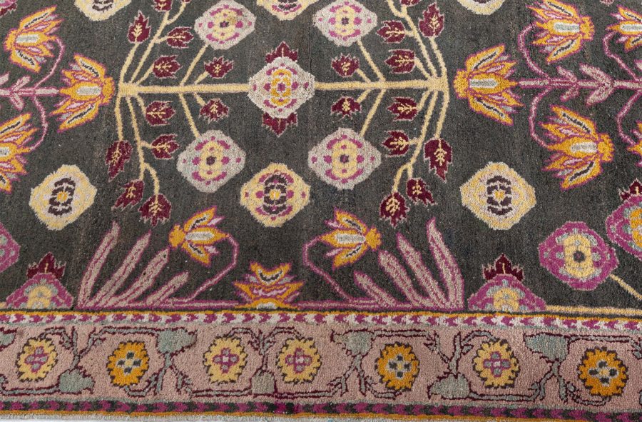 Antique Indian Agra Wool Rug in Pastel Violet, Beige, Yellow, Burgundy and Black BB4935