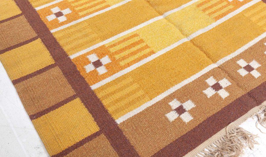 Mid-20th century Swedish Yellow, Brown and White Handwoven Wool Rug BB4940