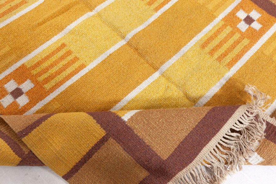 Mid-20th century Swedish Yellow, Brown and White Handwoven Wool Rug BB4940