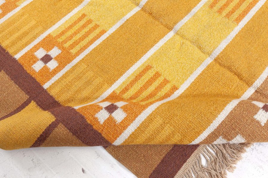 Mid-20th century Swedish Yellow, Brown and White Handwoven Wool Rug BB4940