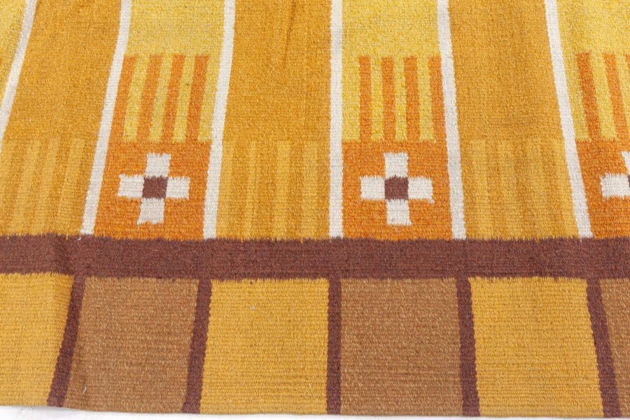 Mid-20th century Swedish Yellow, Brown and White Handwoven Wool Rug BB4940
