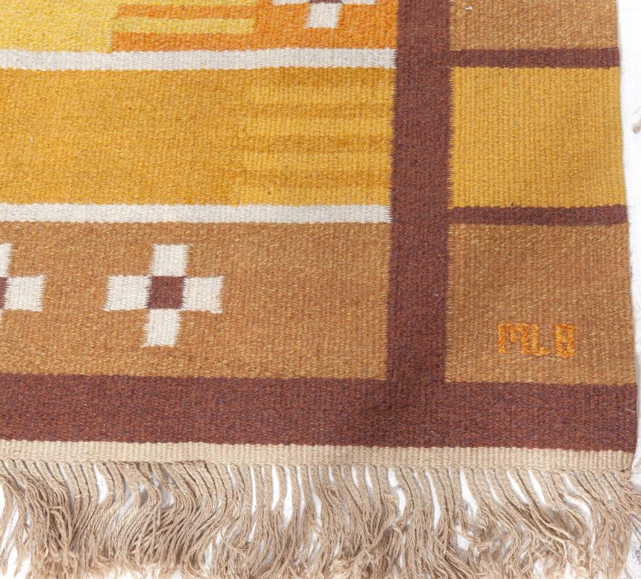 Mid-20th century Swedish Yellow, Brown and White Handwoven Wool Rug BB4940