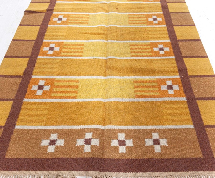 Mid-20th century Swedish Yellow, Brown and White Handwoven Wool Rug BB4940