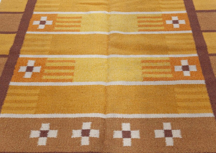 Mid-20th century Swedish Yellow, Brown and White Handwoven Wool Rug BB4940